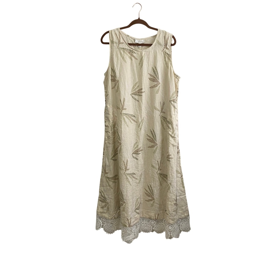 Charter‎ Club Luxury Linen Lace Hem Dress XL Botanical Print Sleeveless